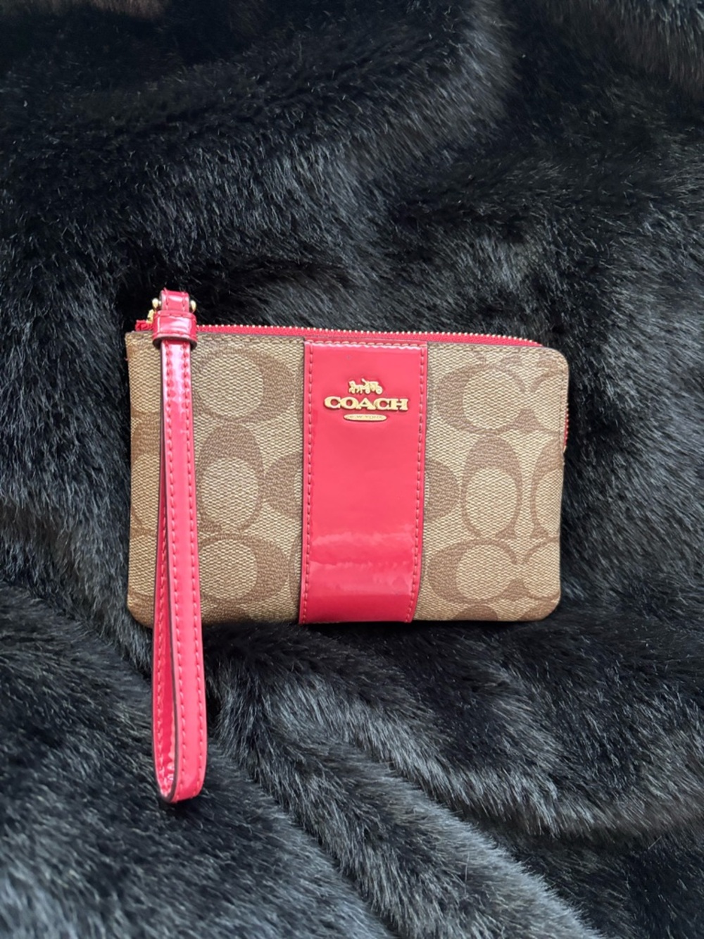 Coach Brown Signature Canvas Wristlet with Red Patent Stripe